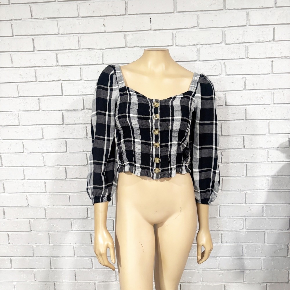 American Eagle Black White Plaid Puff Sleeve Crop Top Preppy Y2K Medium